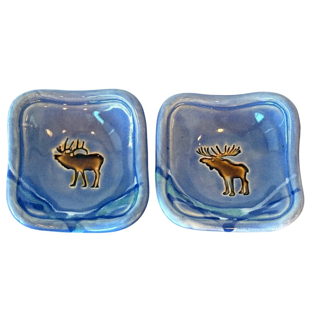 Pretty‎ Bird Pottery PAIR Handmade Blue Moose Elk Trinket Dishes 3.5" Signed